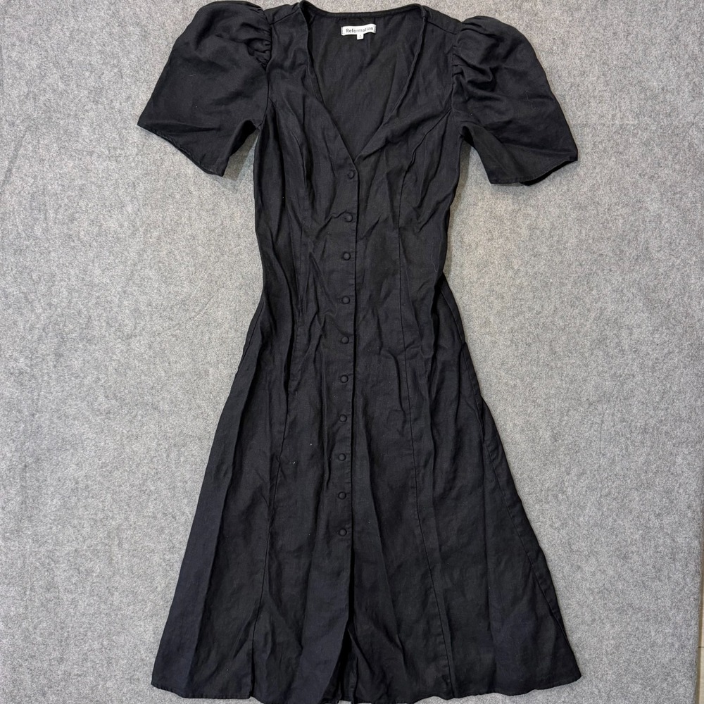 Reformation Black Linen Newbury Short Puff Sleeve Midi Dress Women's Size 4